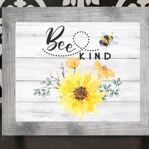 New Framed Bee Kind Sunflower Rustic Farmhouse Print Sign